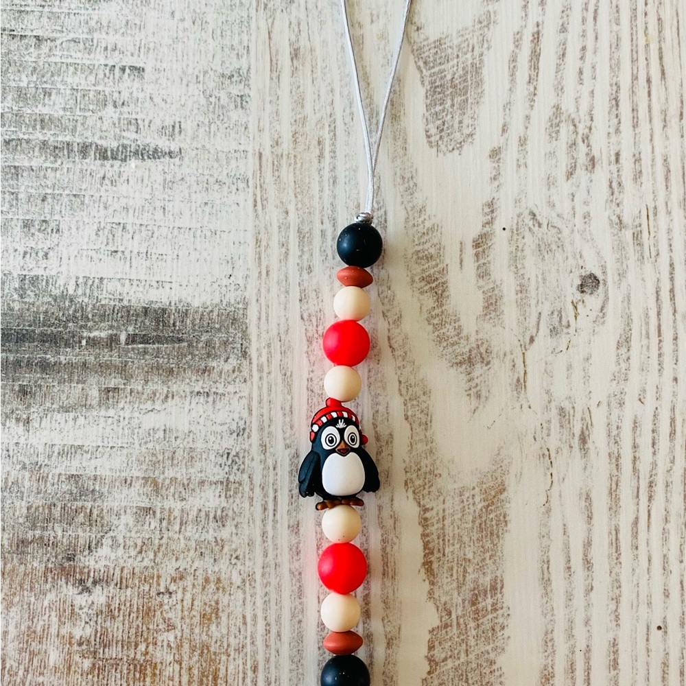 Penguin Silicone Beaded Pacifier Holder with Red and Black Accents